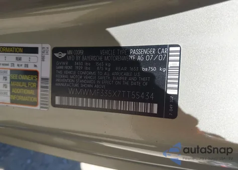 2007 Mini Cooper из США, поврежденный, VIN WMWMF335X7TT55434